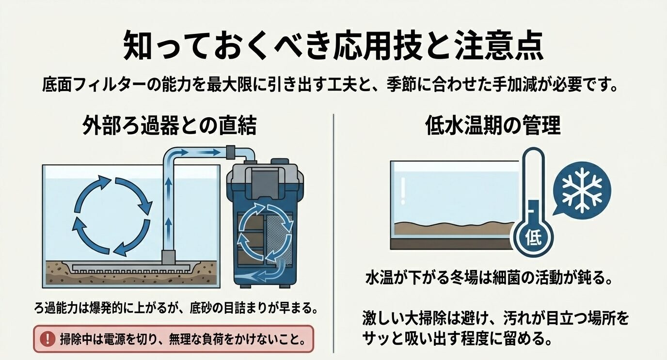 外部フィルターとの直結によるろ過強化と、冬場に激しい掃除を避ける低水温期管理をまとめた図。