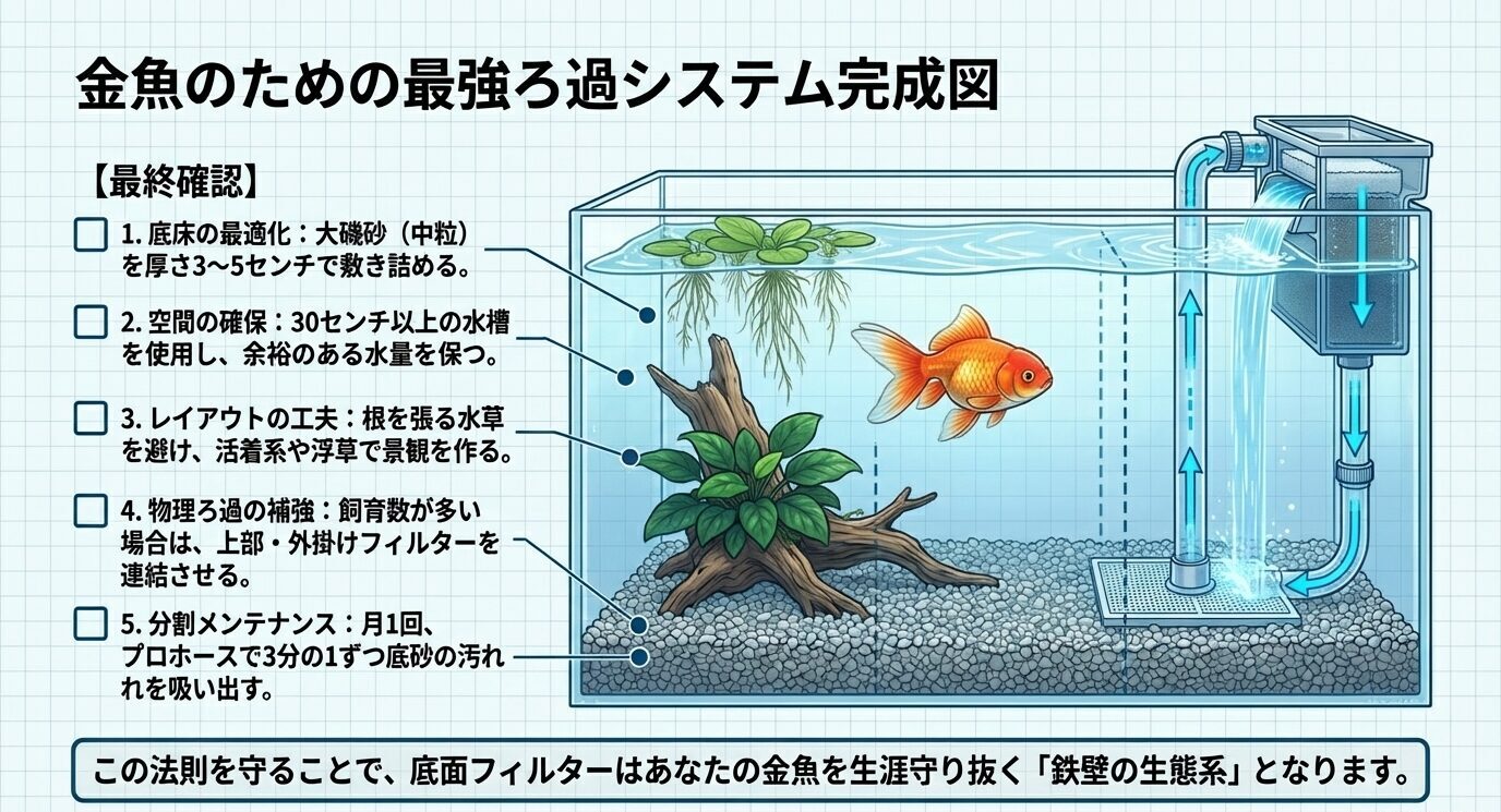 底面フィルター、水草レイアウト、追加フィルター、分割清掃の考え方まで含めた、金魚向け運用の完成形をまとめた総括図。
