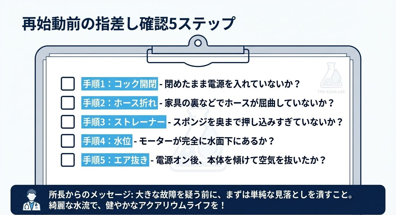 コック開閉、ホース折れ、ストレーナー、水位、エア抜きの5項目を確認する再始動前チェックリスト。