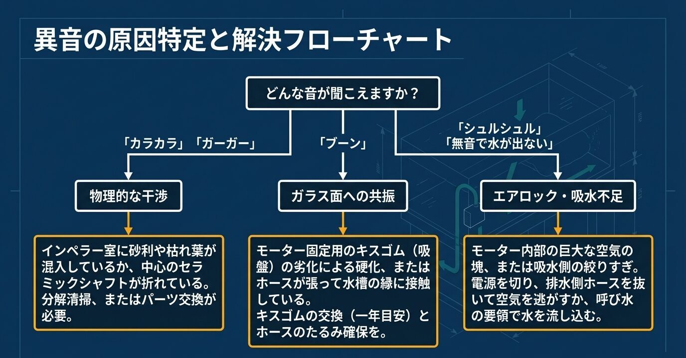 カラカラ、ブーン、シュルシュルなどの音から、物理干渉、共振、エアロックや吸水不足へ原因を切り分ける診断図