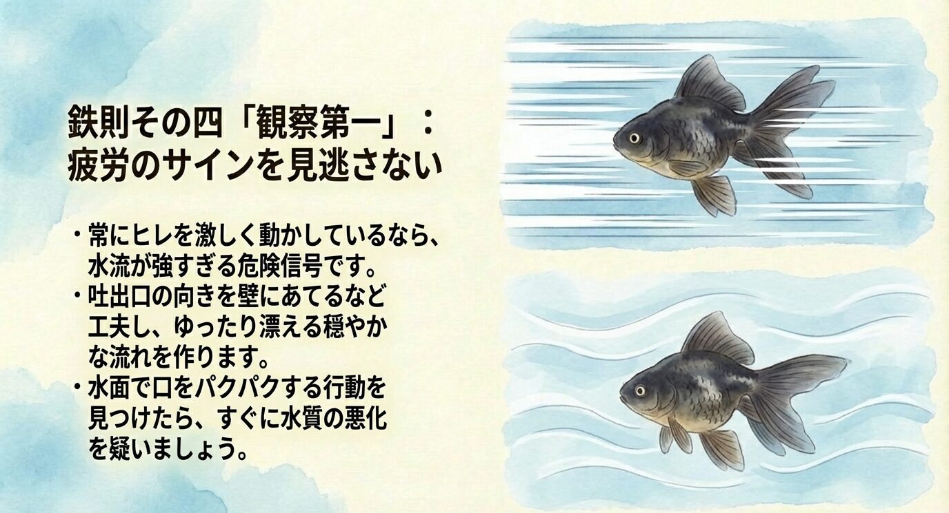 ヒレを激しく動かすのは水流が強すぎるサイン、吐出口を壁に当てて穏やかにし、水面でパクパクしたら水質悪化を疑う、という観察ポイントのスライド