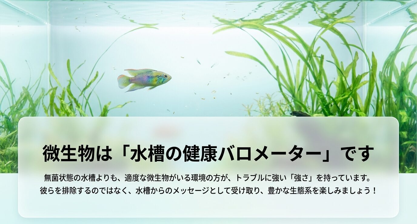 水槽写真を背景に、微生物は水槽の健康バロメーターであり、排除するより水槽からのメッセージとして受け取ることが大切だと伝える締めスライド。