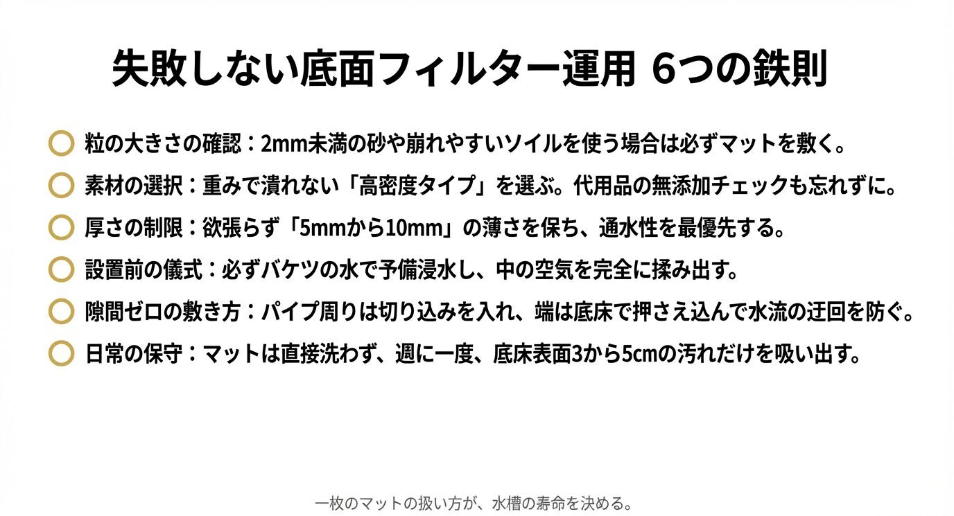 粒径確認、高密度素材の選択、5mmから10mmの厚さ、予備浸水、隙間ゼロ設置、週1回の表面掃除という6つの重要ポイントをまとめた一覧図