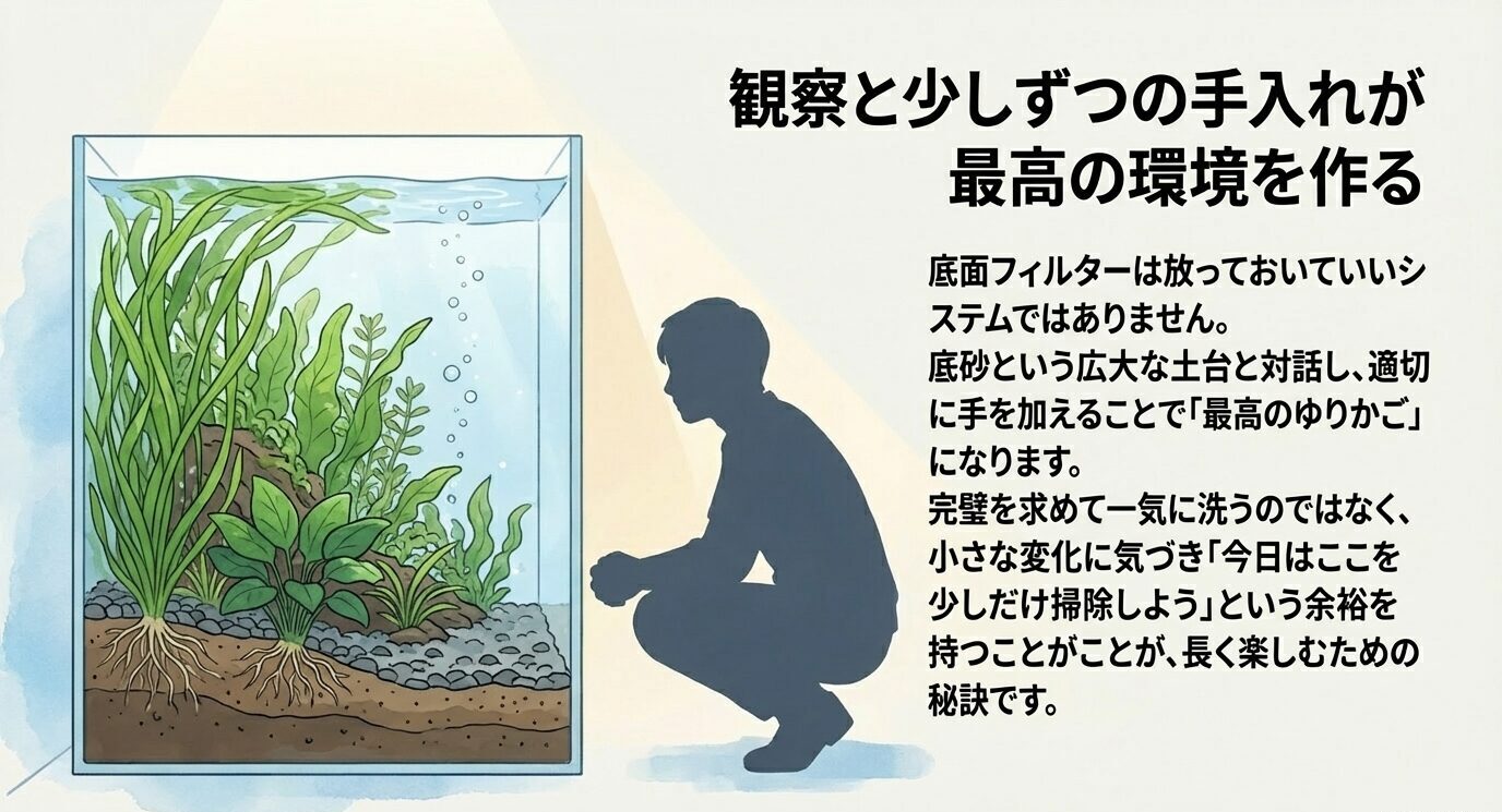 水槽を観察する人物と水草水槽のイラスト。底面フィルターは一気に掃除せず、小さな変化を見ながら少しずつ手入れする大切さを伝えるまとめ図。