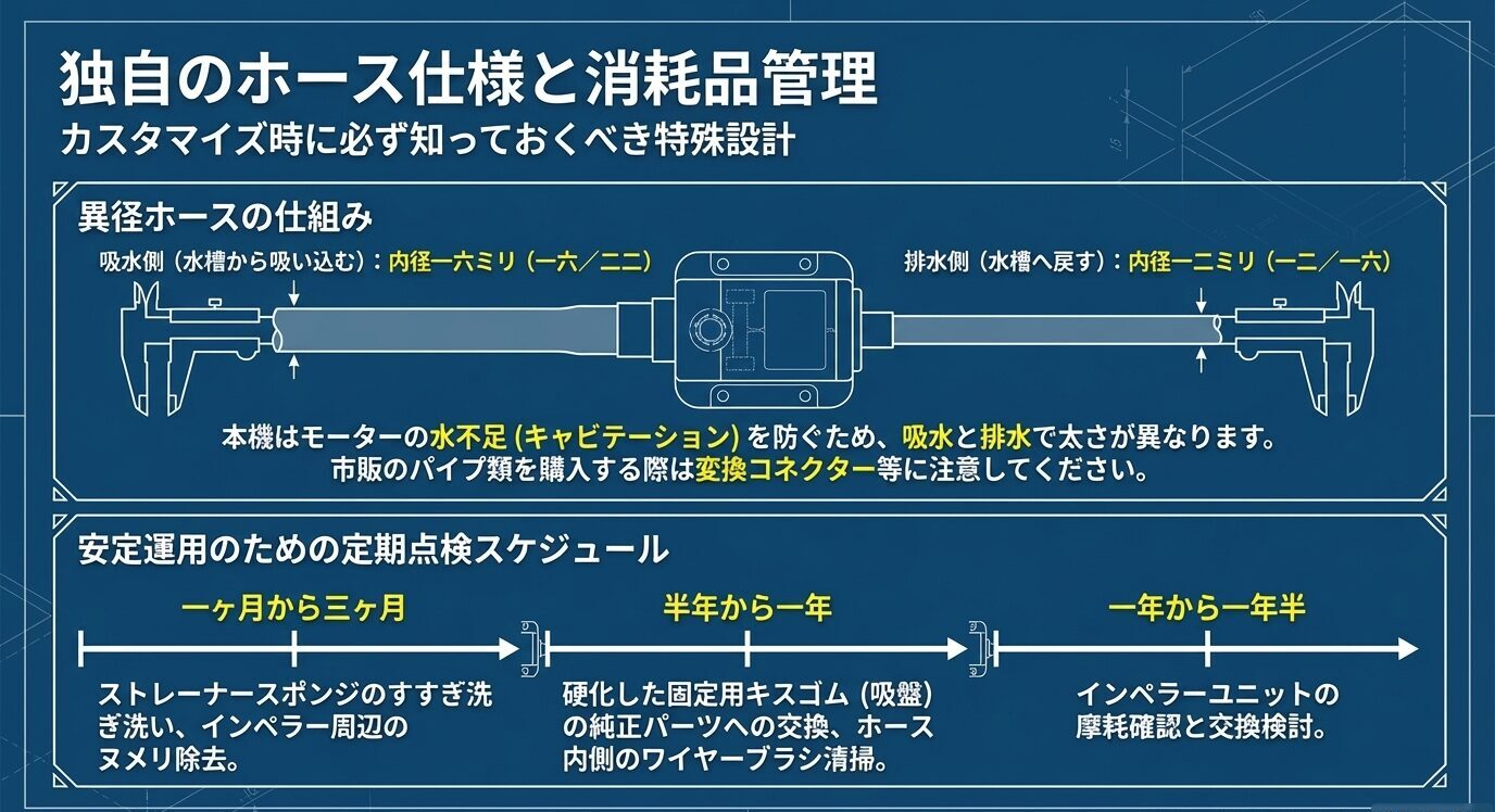 吸水側16/22、排水側12/16のホース径の違いと、ストレーナースポンジ、吸盤、インペラーの点検・交換目安をまとめた図