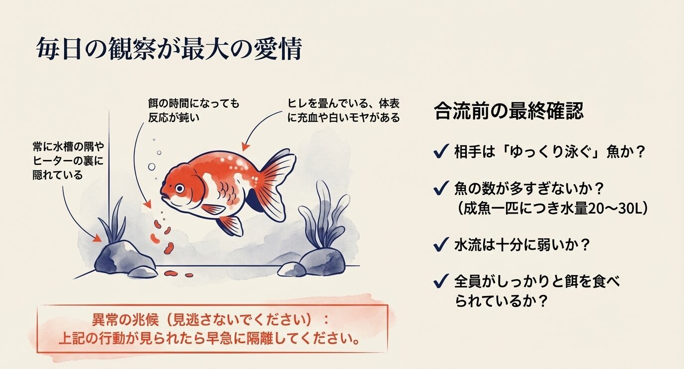 毎日の観察ポイントと合流前の最終確認をまとめた図。隠れる、餌反応が鈍い、体表異常などのストレスサインとチェック項目を示している。