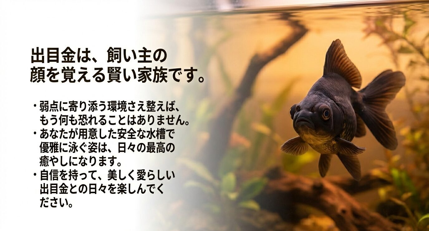 出目金は賢い家族で、弱点に寄り添う環境が整えば恐れることはなく、優雅に泳ぐ姿が癒やしになると伝える締めのスライド