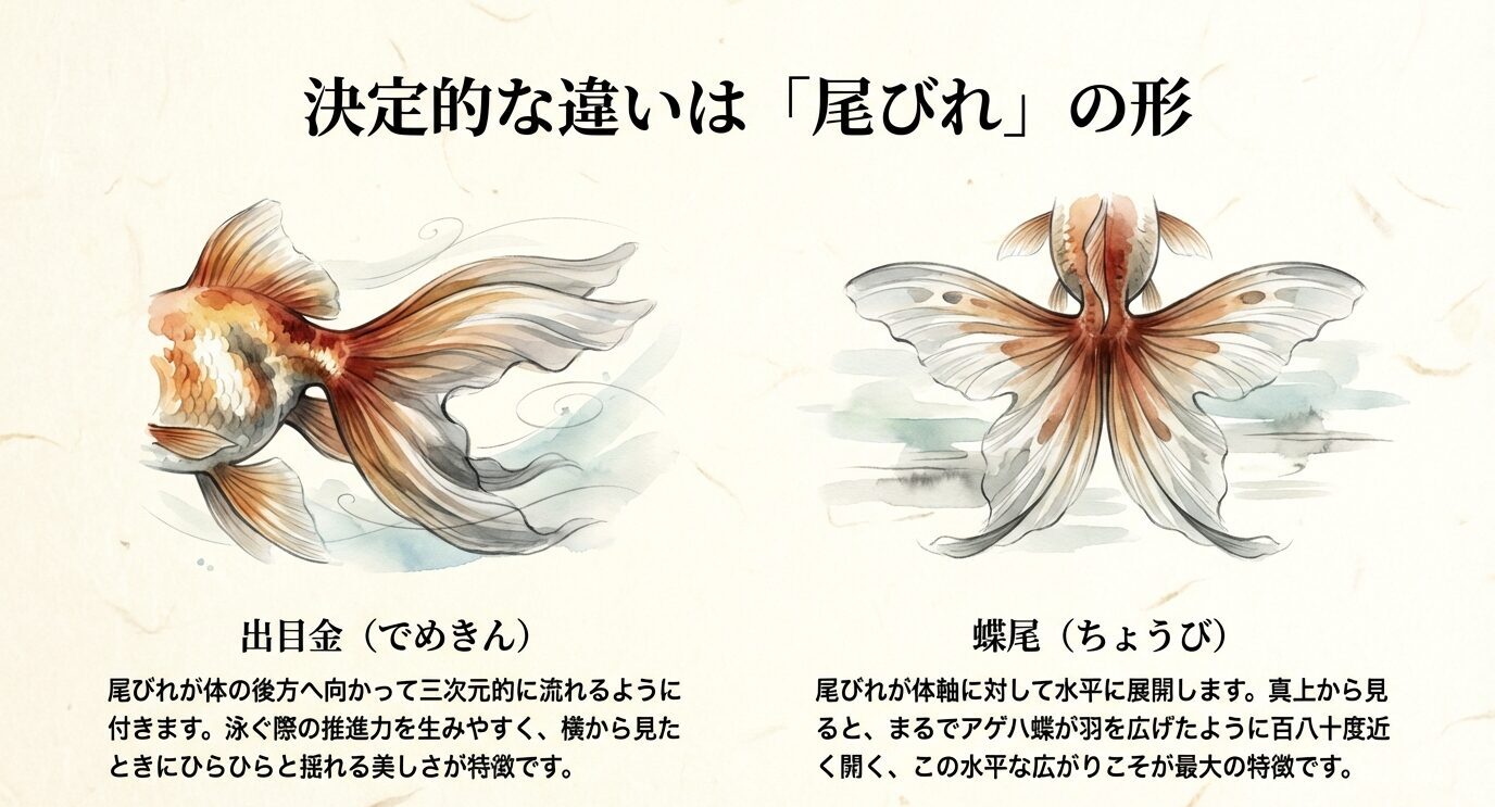 出目金は尾びれが後方へ流れるように付くのに対し、蝶尾は尾びれが水平に大きく広がることをイラストで比較。
