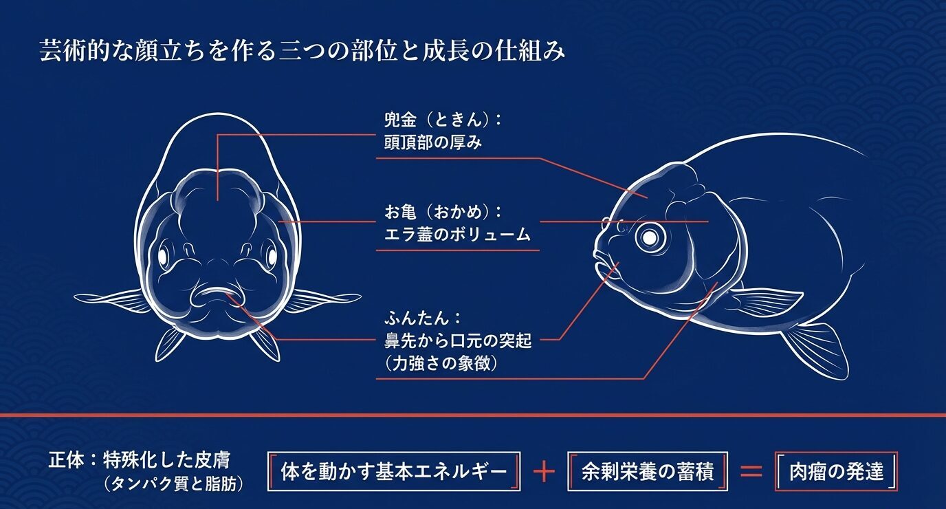 正面と横から見たらんちゅうの図に、兜金・お亀・ふんたんの位置を示した図解。下部に『特殊化した皮膚(タンパク質と脂肪)』『体を動かす基本エネルギー+余剰栄養の蓄積=肉瘤の発達』という成長の仕組みがまとめられている。
