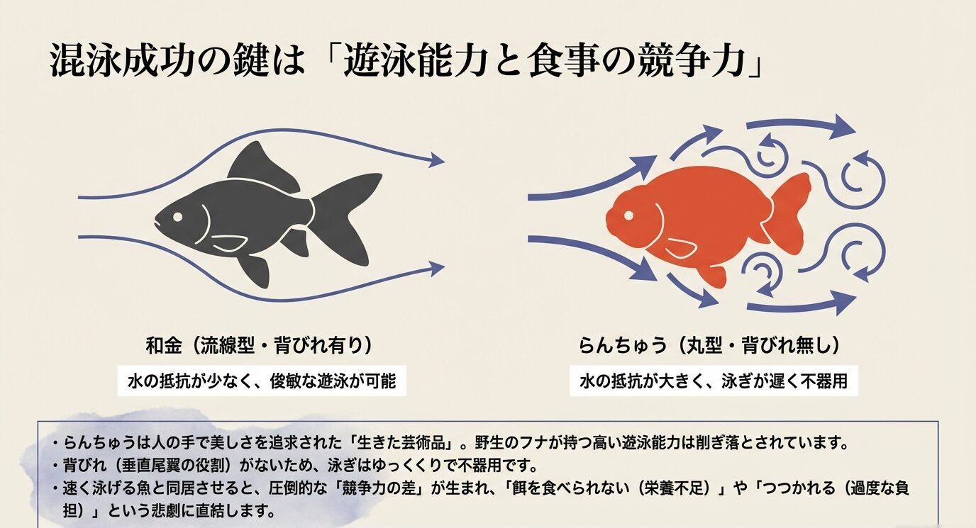 和金とらんちゅうの体型と泳ぎ方を比較した図。和金は流線型で速く、らんちゅうは丸型で背びれがなく遅いことを示している。