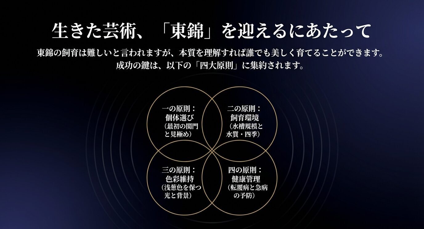 東錦飼育の成功の鍵として、個体選び、飼育環境、色彩維持、健康管理の4原則を図でまとめた概要スライド。