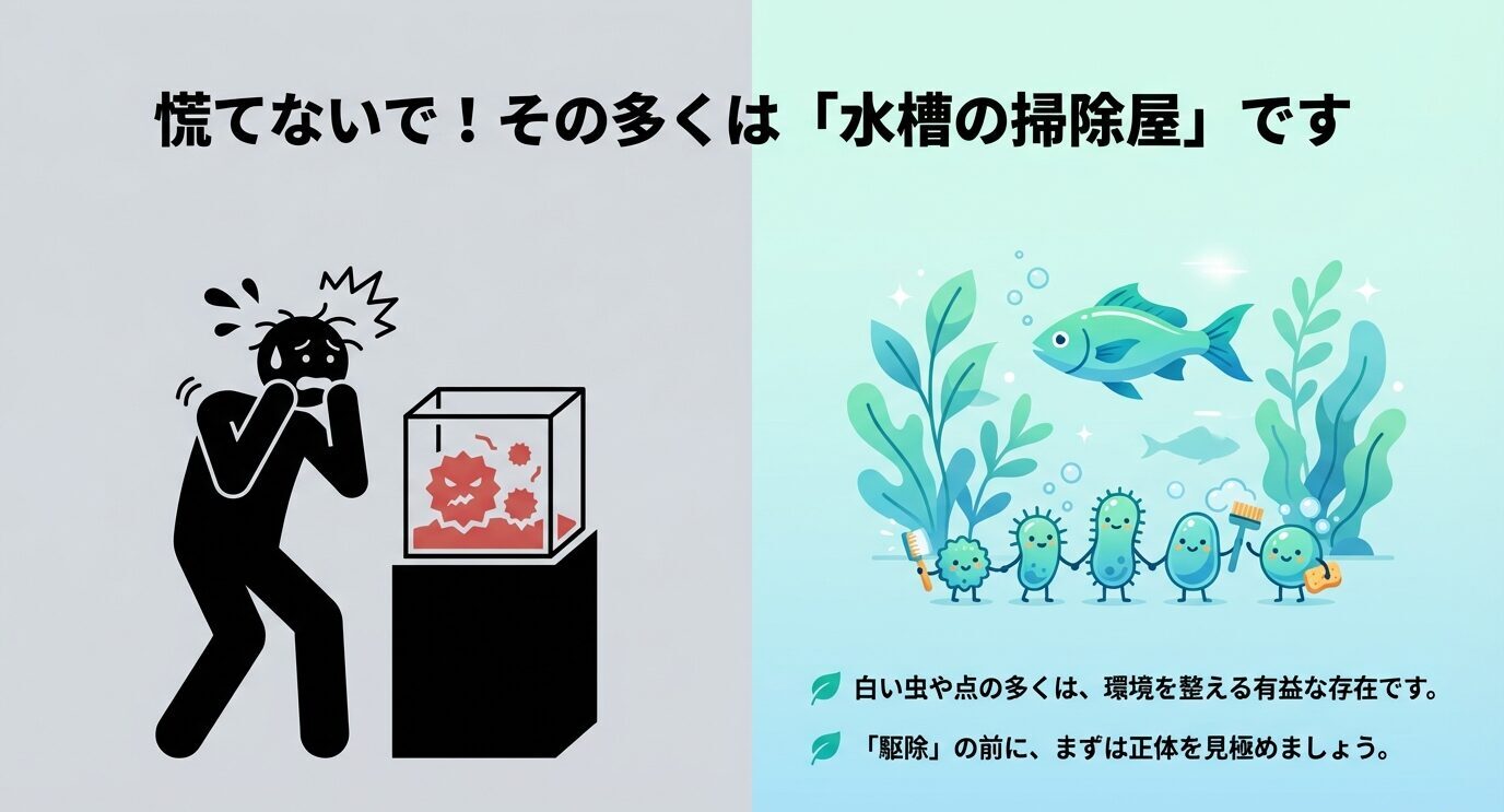 驚く人物と水槽、掃除する微生物のイラストを対比し、白い虫や点の多くは環境を整える有益な存在だと伝えるスライド。