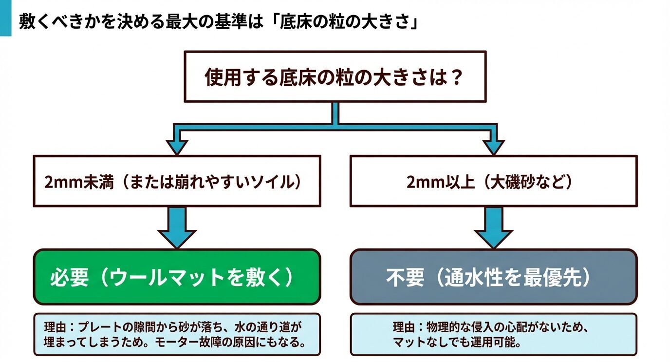 底床が2mm未満または崩れやすいソイルならウールマットが必要、2mm以上の大磯砂などなら不要と判断するフローチャート