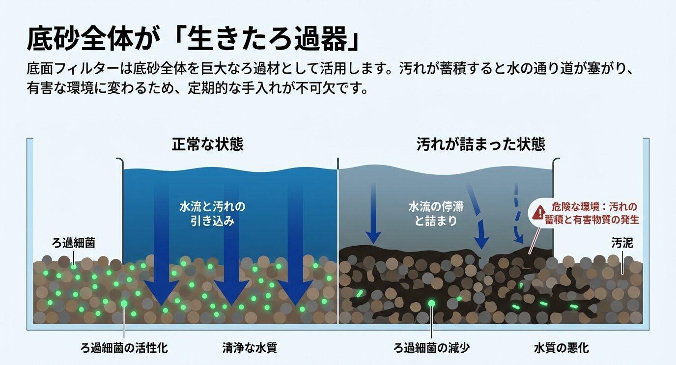 正常な底面フィルターと、汚れが詰まって通水性が落ちた状態を比較した図。ろ過細菌の活性低下と水質悪化の流れがわかる。