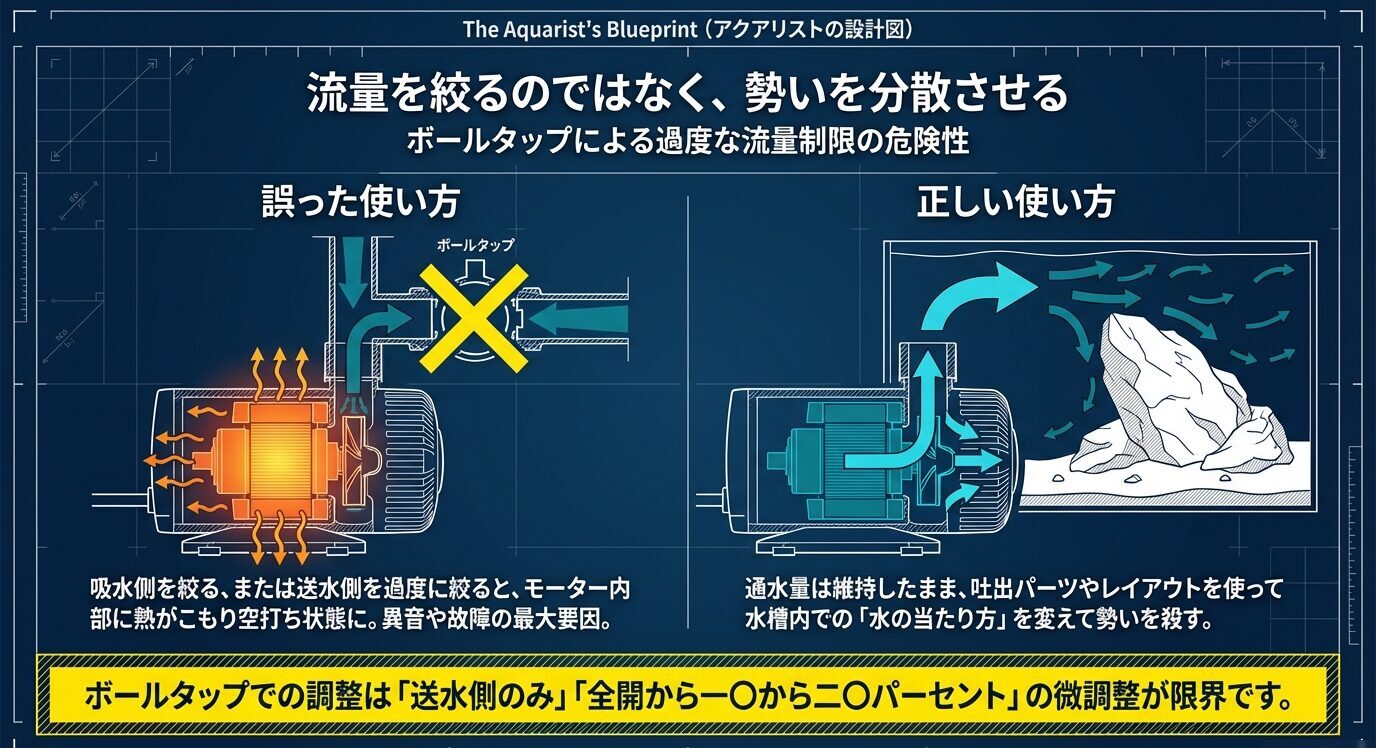 ボールタップで過度に絞る誤った使い方と、通水量を維持しながら吐出口やレイアウトで勢いを逃がす正しい使い方を対比した図