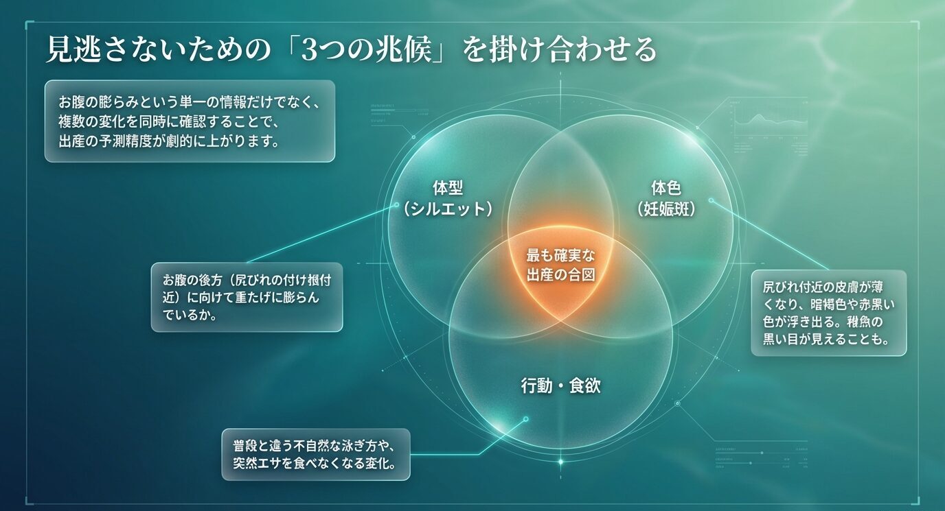 体型、体色、行動と食欲の3要素を重ねて、ソードテールの出産予測を見極める考え方を示したベン図スライド