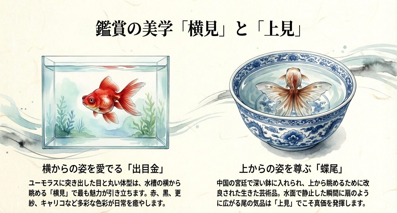出目金は水槽を横から眺める「横見」、蝶尾は鉢を上から眺める「上見」で魅力が際立つことを図で対比。