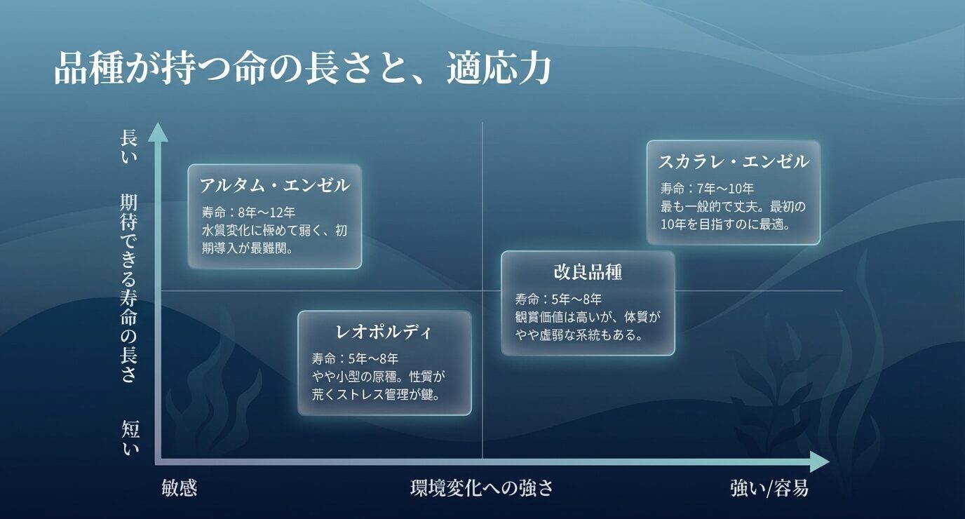 スカラレ・エンゼル、アルタム・エンゼル、レオポルディ、改良品種を、期待寿命の長さと環境変化への強さの2軸で比較した図。
