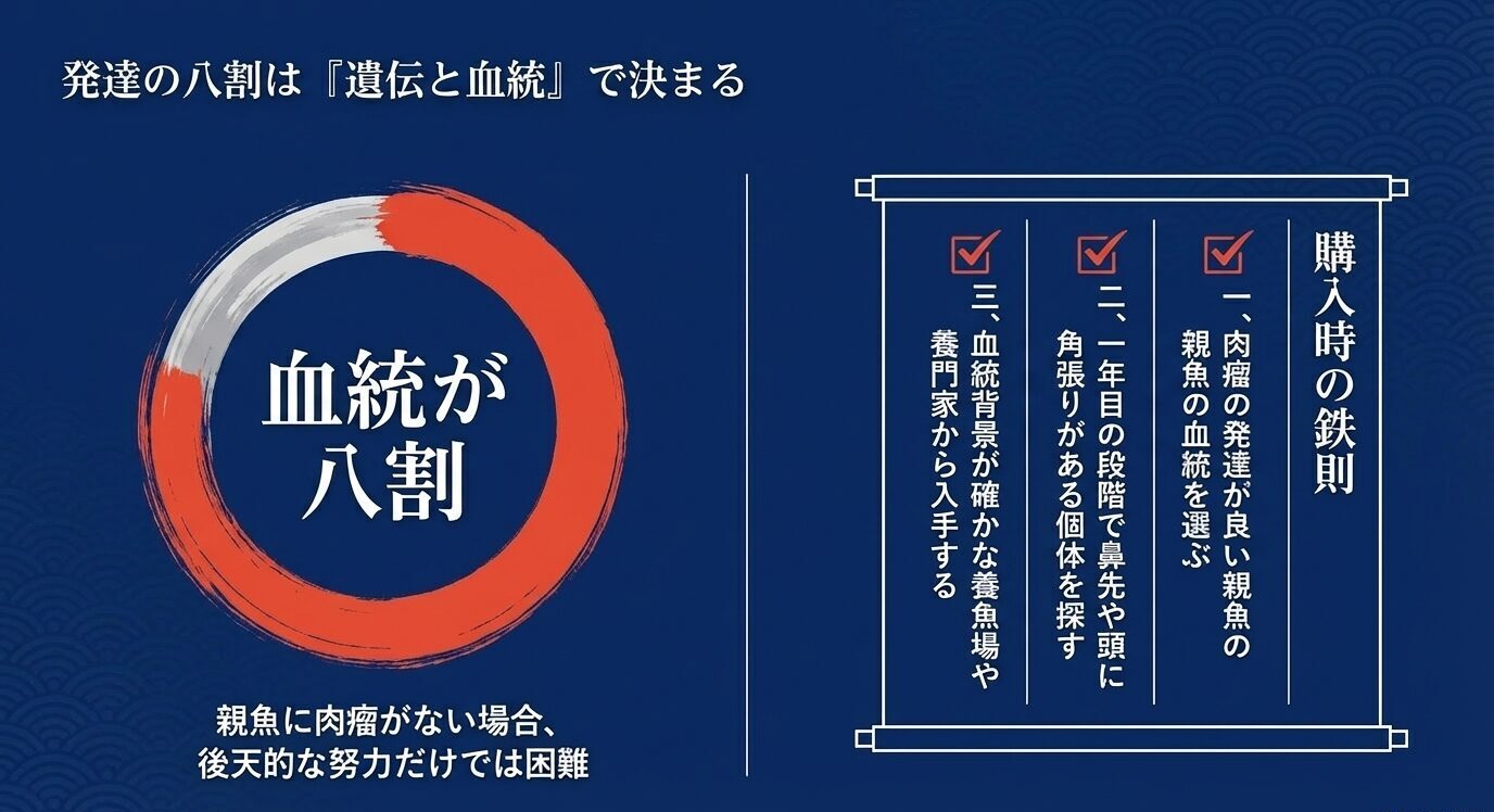 『血統が八割』という大きな円形強調と、購入時の鉄則として『親魚の血統を選ぶ』『当歳で角張りのある個体を探す』『血統背景が確かな養魚場や養魚家から入手する』を並べたスライド。