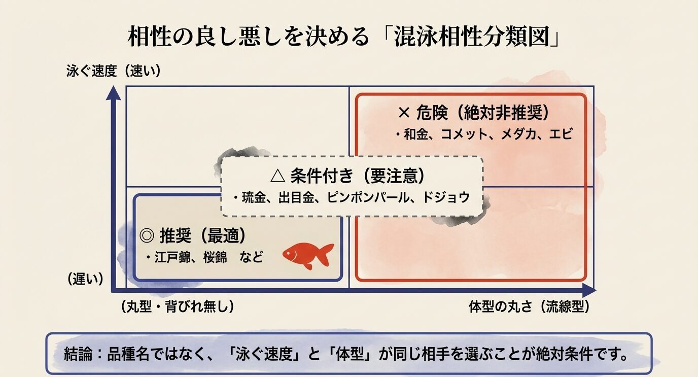 泳ぐ速度と体型の丸さで混泳相性を分類した図。江戸錦・桜錦は推奨、琉金・出目金・ピンポンパール・ドジョウは条件付き、和金・コメット・メダカ・エビは危険と示している。