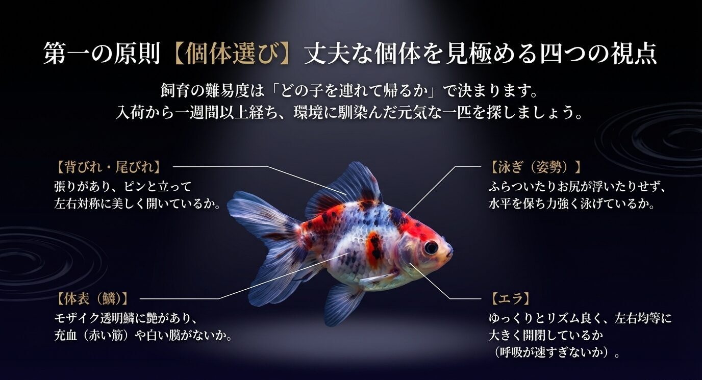 東錦の写真に注釈を付け、背びれ・尾びれ、泳ぎ姿勢、体表の艶、エラの動きの4つの確認ポイントを示したスライド。