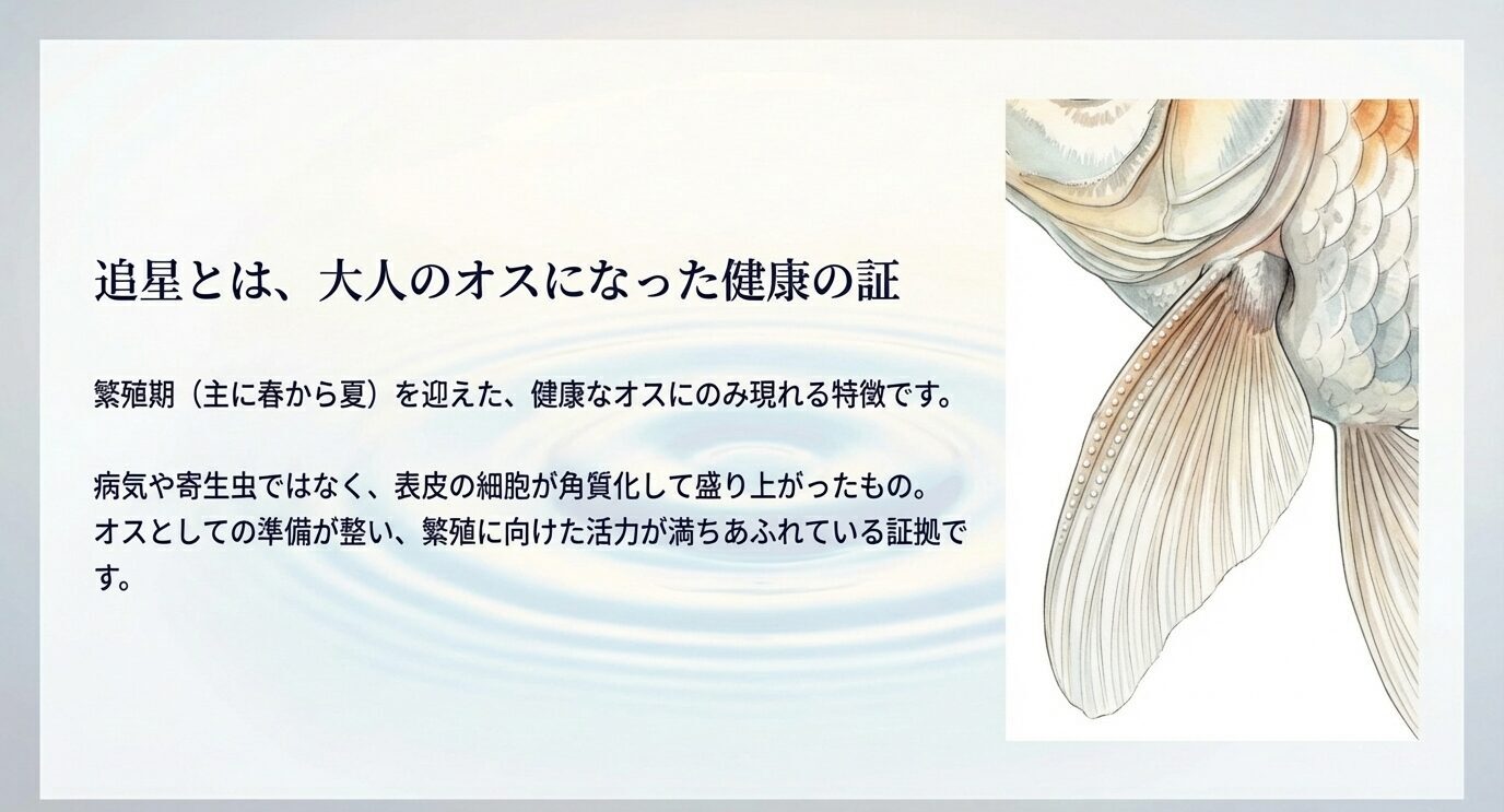 追星は繁殖期の健康なオスに出る特徴で、病気や寄生虫ではなく表皮が角質化して盛り上がったものだと説明するスライド
