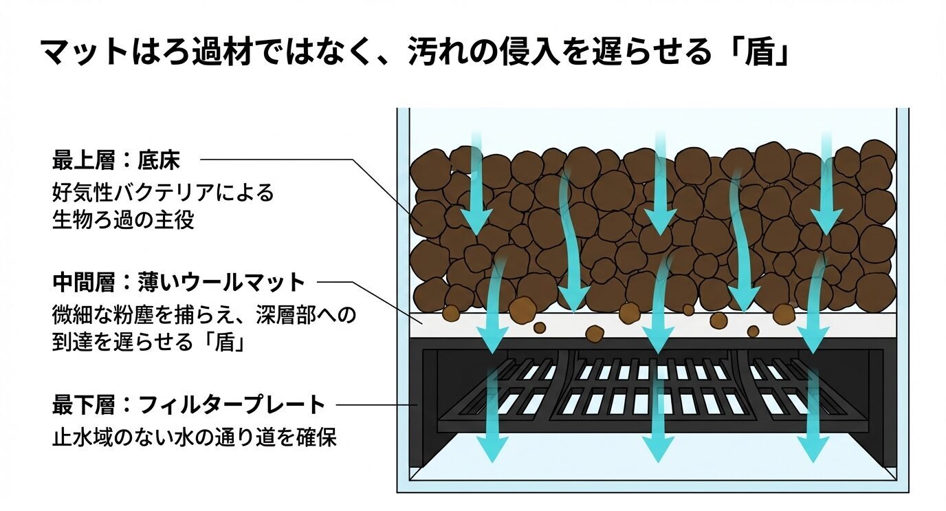 底床が生物ろ過の主役であり、薄いウールマットが微細な粉塵を止め、底面フィルタープレートが水の通り道を確保する3層構造の図