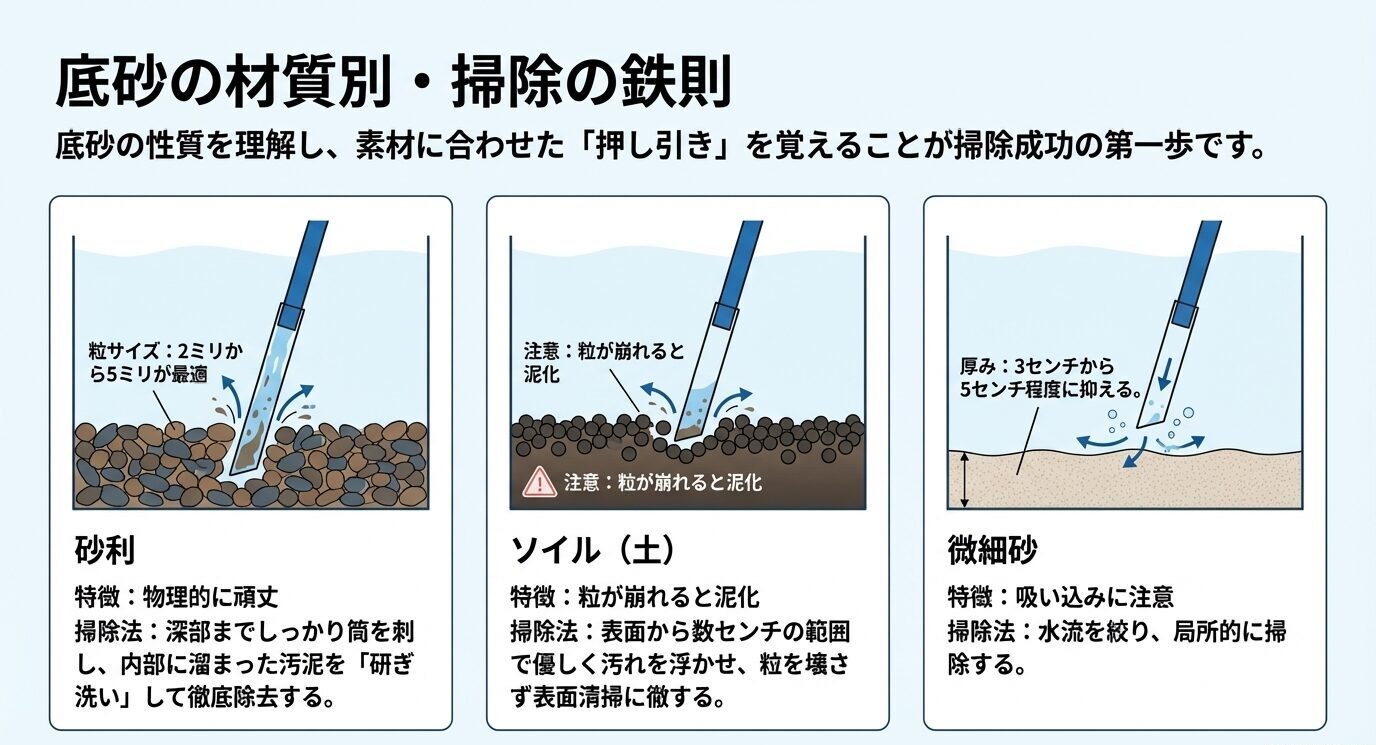 砂利、ソイル、微細砂の3種類について、それぞれの特徴と掃除のやり方を並べて比較した図解。
