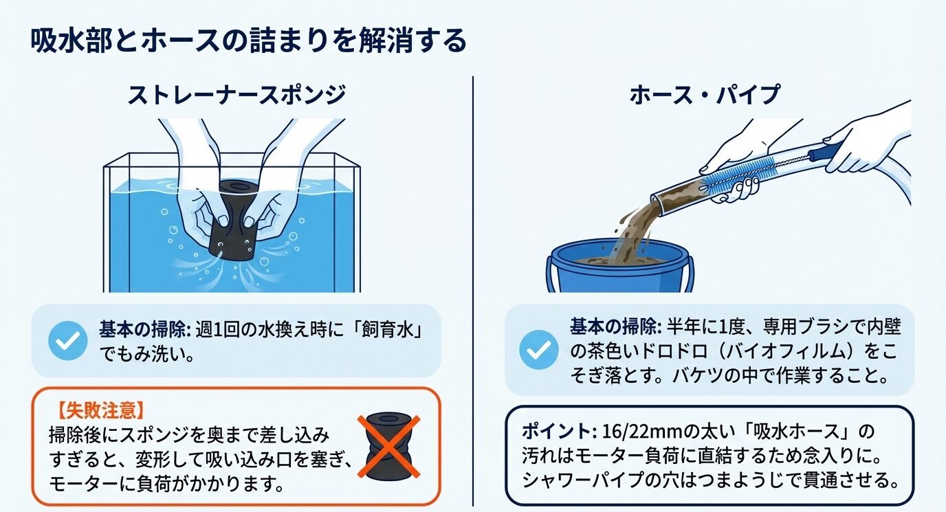 ストレーナースポンジのもみ洗い方法と、ホース内部をブラシで掃除する方法を左右に分けて示した図解。