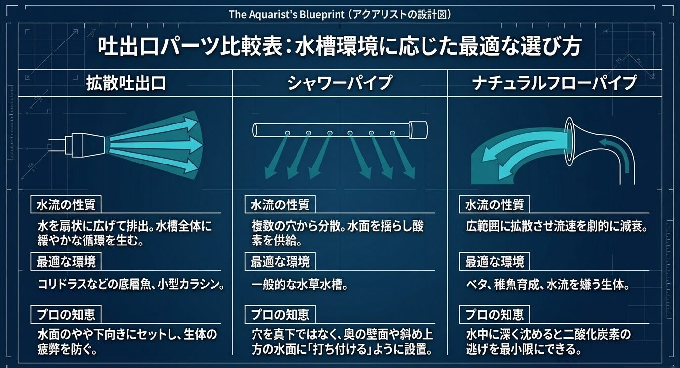 拡散吐出口、シャワーパイプ、ナチュラルフローパイプを並べ、水流の性質、向く水槽環境、設置のコツを比較した図