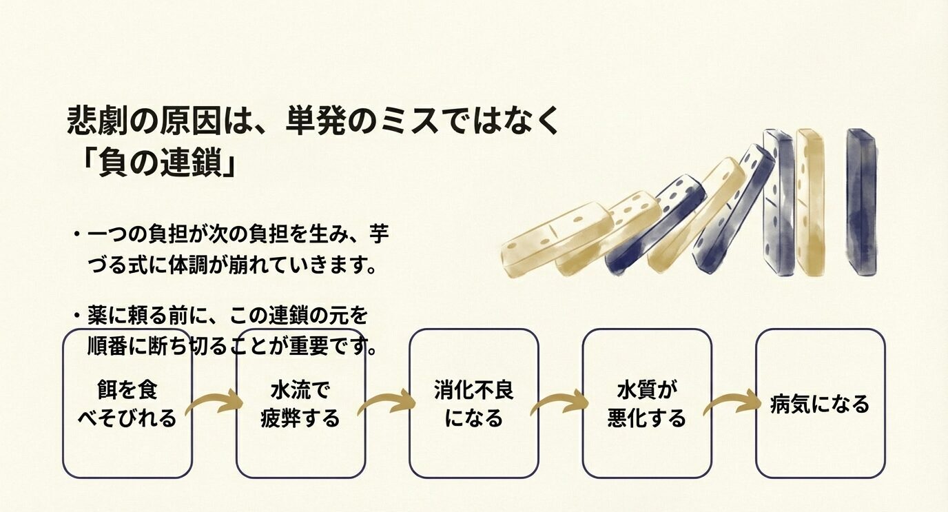 「悲劇の原因は単発のミスではなく負の連鎖。餌を食べそびれる→水流で疲弊→消化不良→水質悪化→病気」の流れを図解したスライド