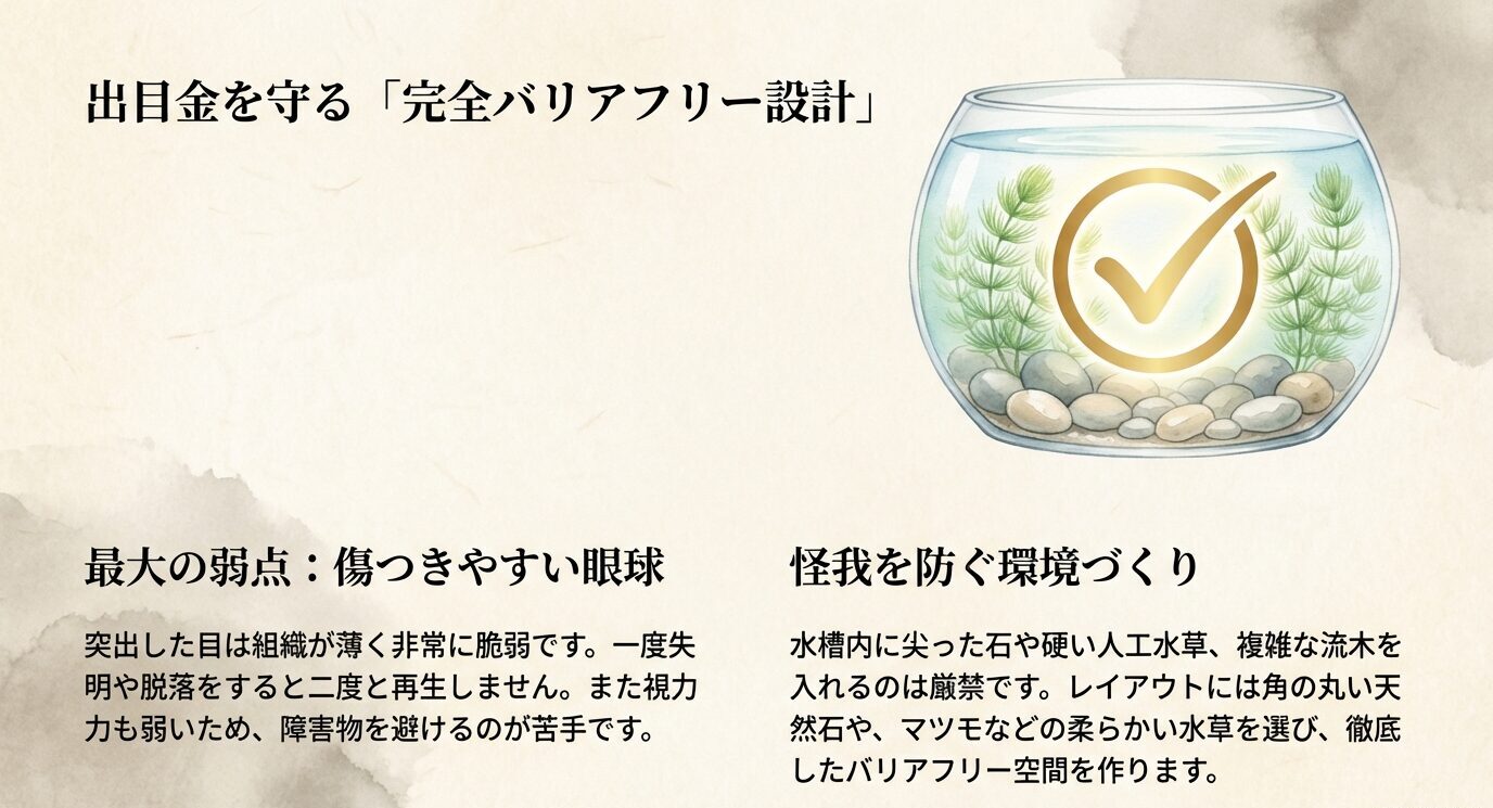 出目金は眼球が傷つきやすい。尖った石や硬い人工水草を避け、角の丸い石や柔らかい水草で怪我を防ぐ。