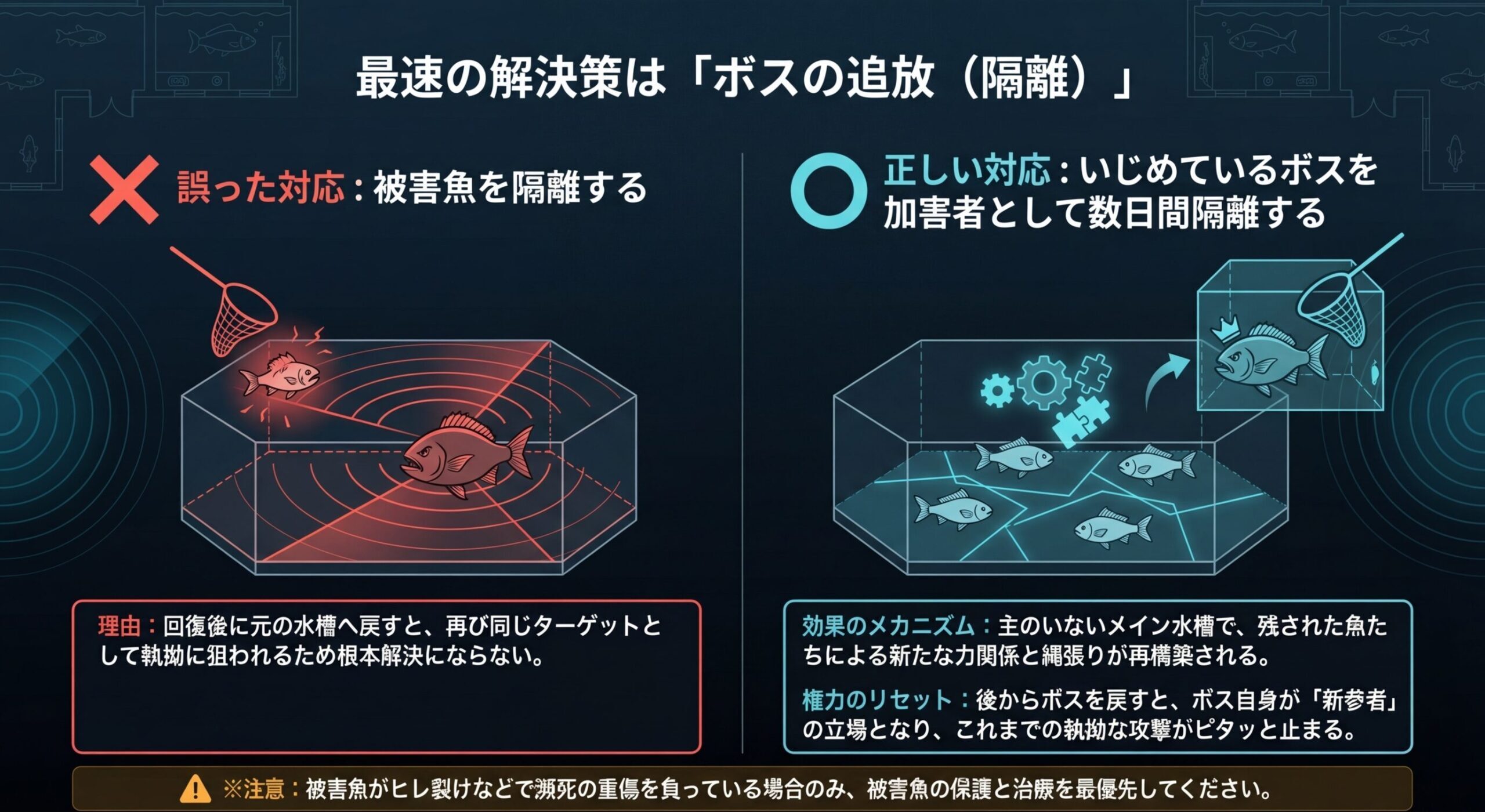 被害魚を隔離する誤った対応と、いじめているボスを数日間隔離して力関係をリセットする正しい対応を左右で比較したスライド。