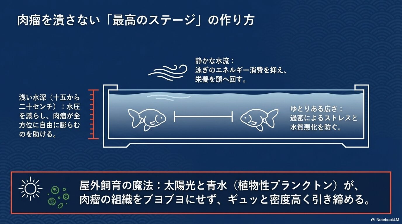 浅い水深の舟でらんちゅうを飼う図とともに、『浅い水深』『静かな水流』『ゆとりある広さ』の重要性を示し、下部で『屋外飼育の魔法:太陽光と青水が肉瘤を引き締める』と説明したスライド。