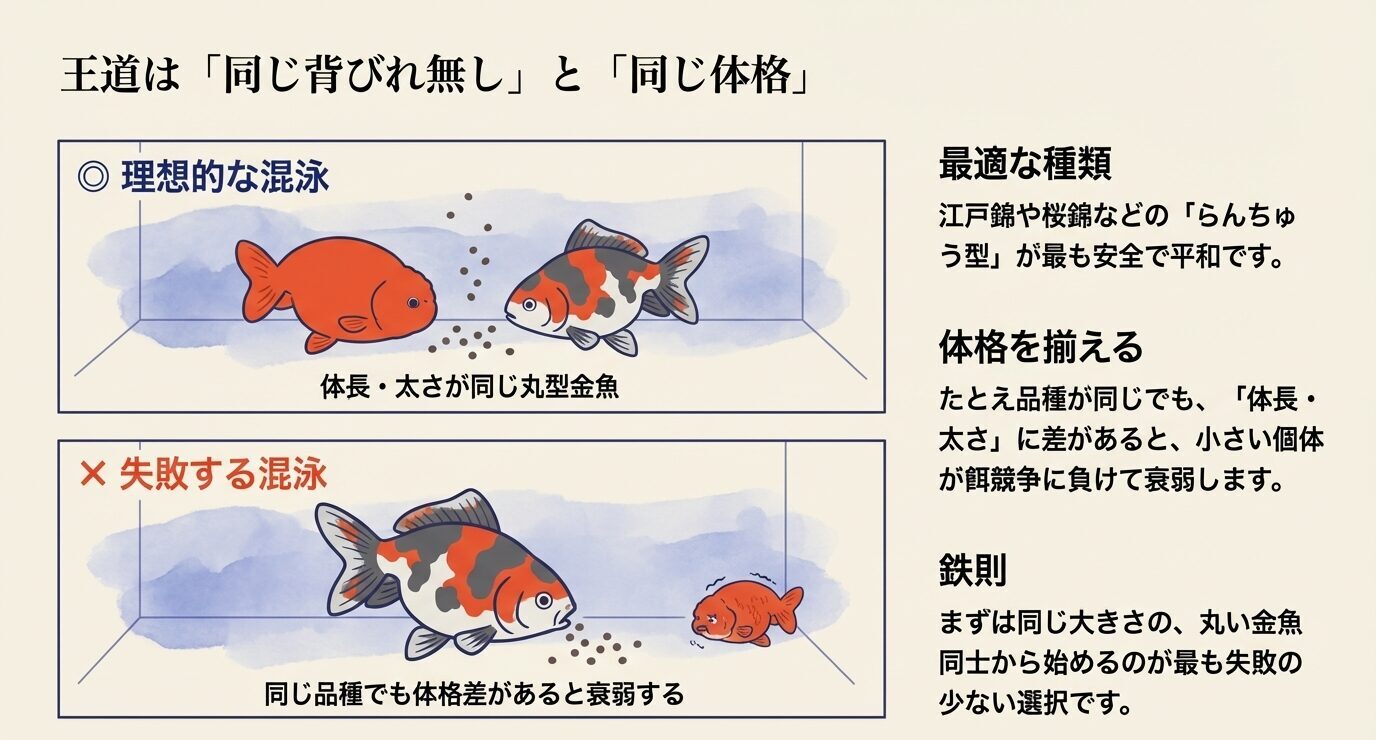 同じ背びれ無しで同じ体格の金魚同士は理想的だが、同品種でも体格差があると餌競争に負けて失敗しやすいことを示した図。