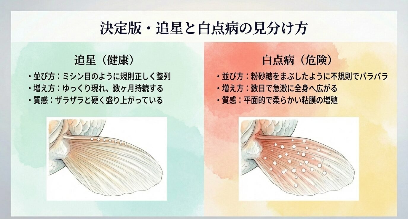 追星(健康)と白点病(危険)を左右比較し、並び方・増え方・質感の違いを箇条書きで示すスライド