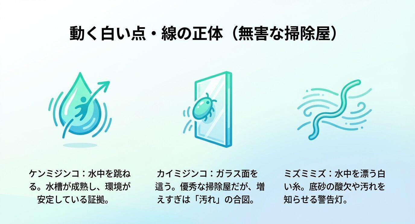 ケンミジンコ、カイミジンコ、ミズミミズを並べて、動く白い点や白い線の正体と、水槽内での意味を整理した比較スライド。