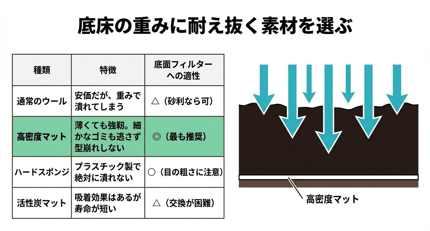通常ウール、高密度マット、ハードスポンジ、活性炭マットの特徴と底面フィルターへの適性を比較した図表