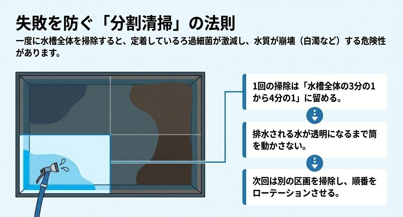 水槽を複数区画に分け、1回の掃除は3分の1から4分の1に留める分割清掃の考え方を示した図。
