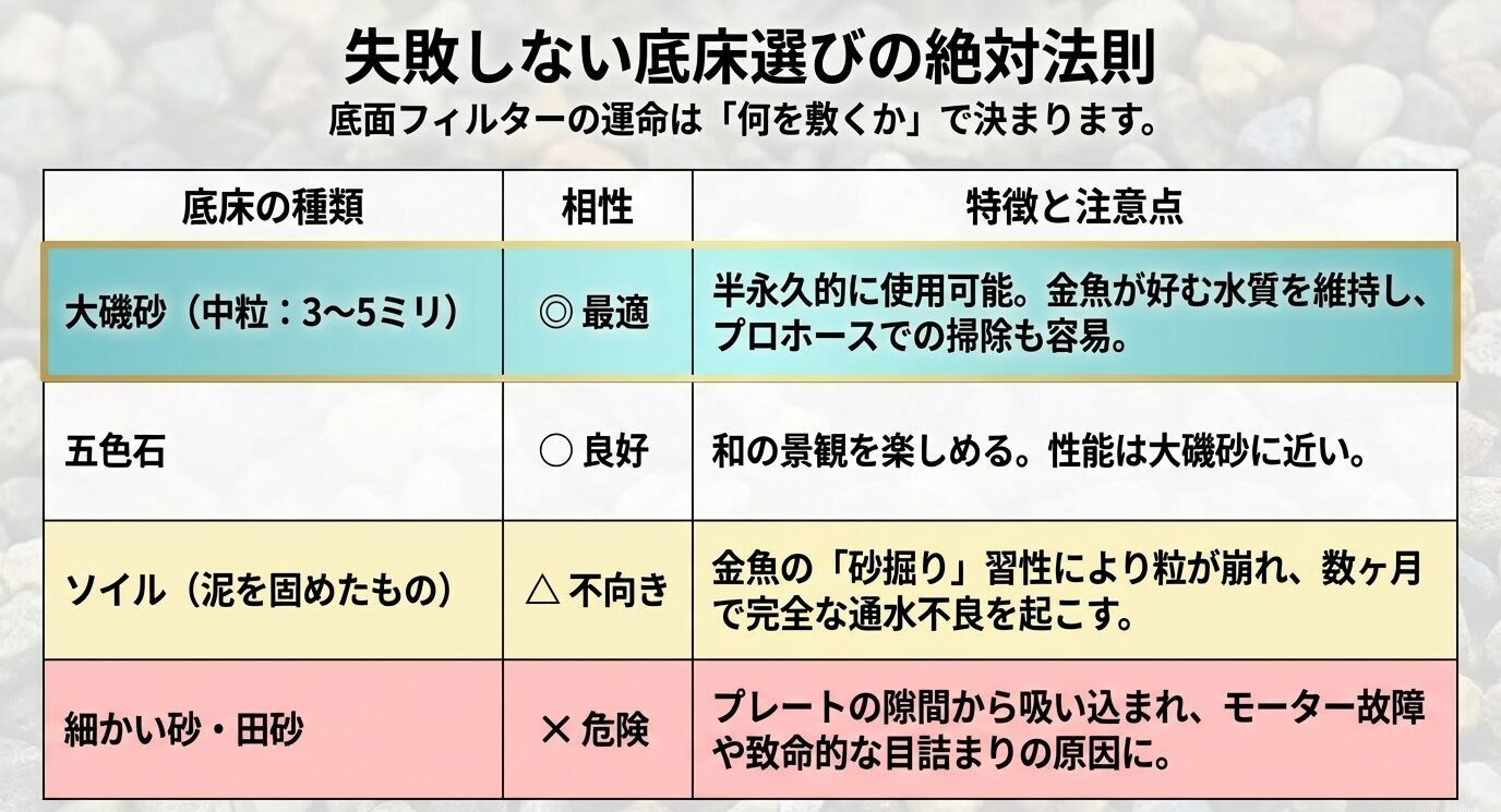 大磯砂、五色石、ソイル、細かい砂を、底面フィルターとの相性と注意点で比較した一覧表。 補足:このスライドは、すぐ下にあるHTML表と内容が近いので、表の直前に入れるか、場合によっては表の代わりに使うのもありです。