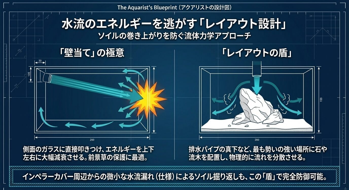 排水を側面ガラスに当てて勢いを減衰させる方法と、石や流木を盾にして底床への直撃を防ぐレイアウト例を示した図