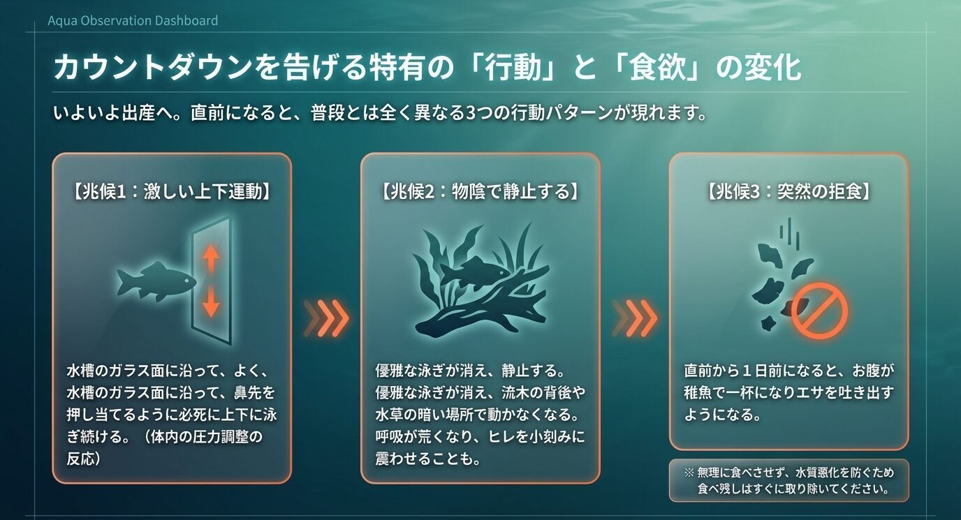 激しい上下運動、物陰での静止、突然の拒食というソードテール出産直前の3つの行動サインを図解したスライド