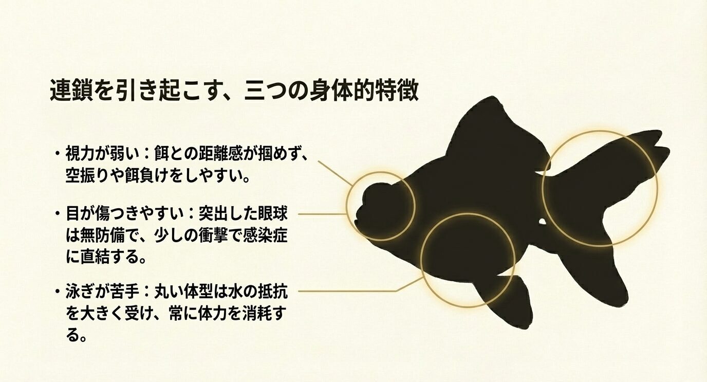 出目金のシルエットと「視力が弱い・目が傷つきやすい・泳ぎが苦手」という三つの特徴を示すスライド