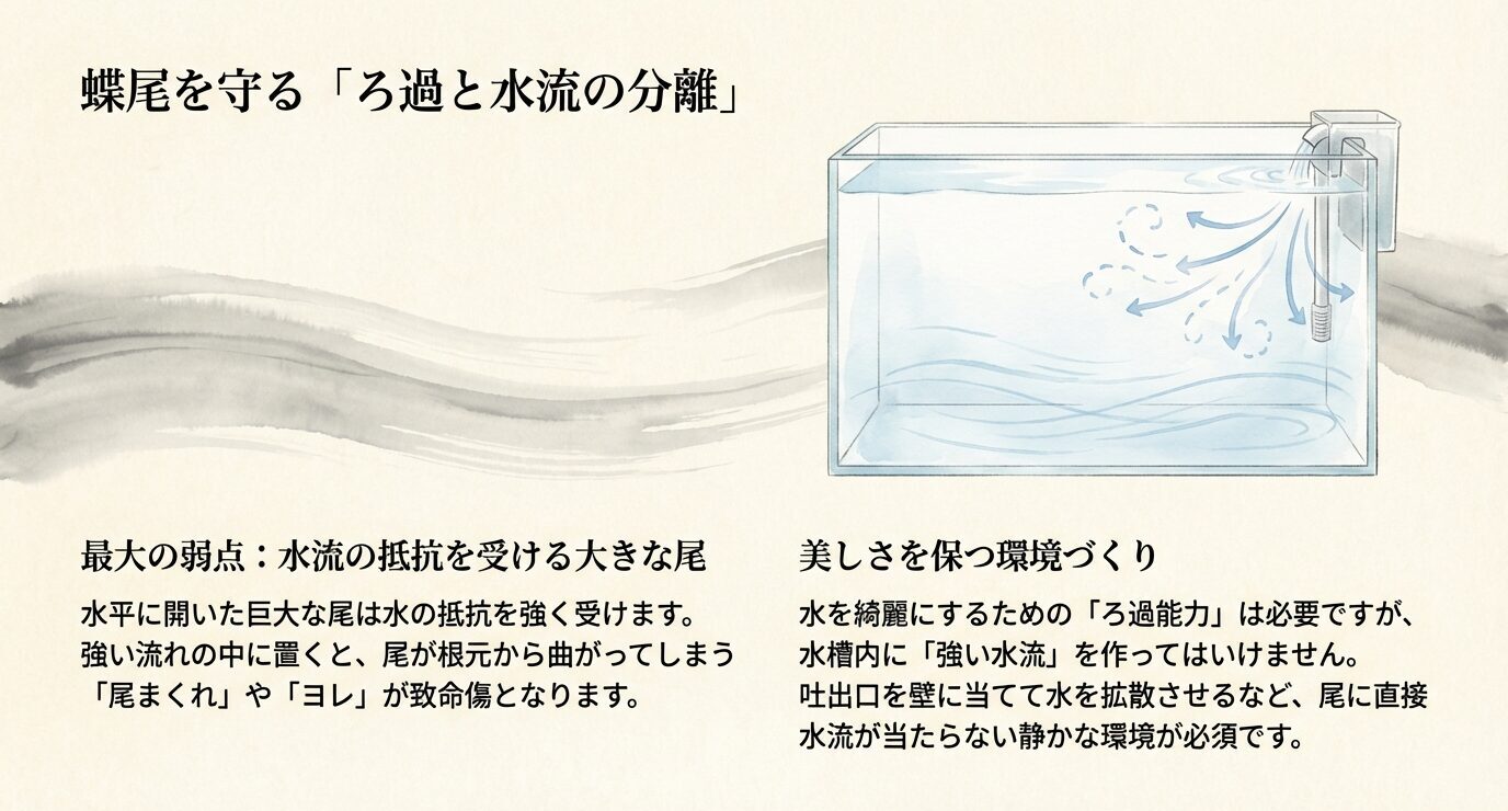 蝶尾は尾が大きく水流の抵抗を受け、強い流れで尾まくれ・ヨレが起きやすい。ろ過は確保しつつ水流は拡散して弱くする。