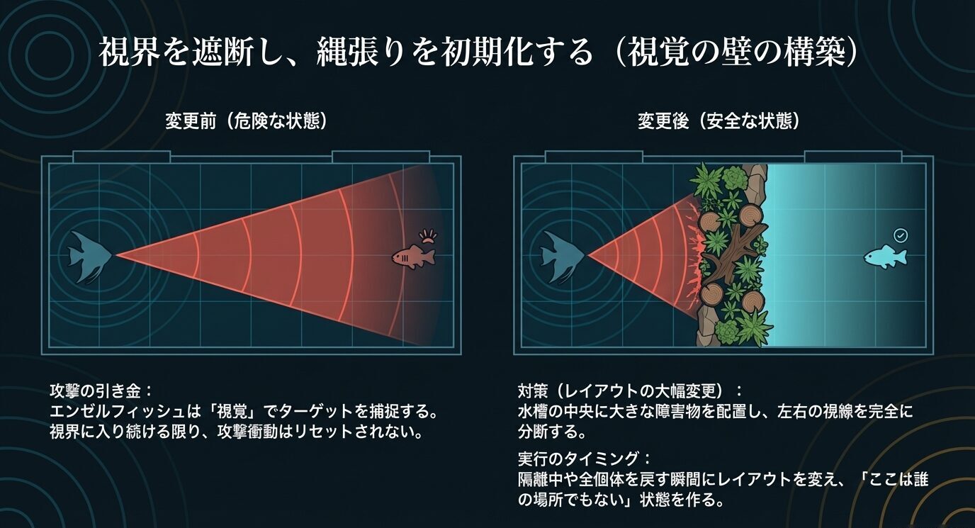 変更前は加害魚の視線が一直線に通り、変更後は中央の流木と水草で視線を遮断して安全な状態にする構図を比較したスライド。