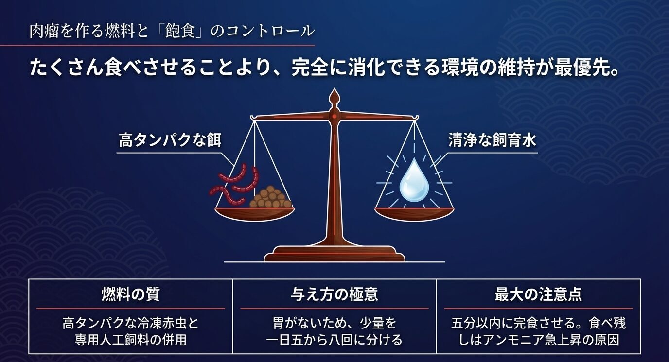 天秤の図で『高タンパクな餌』と『清浄な飼育水』の両立を示し、下部で『冷凍赤虫と専用人工飼料の併用』『少量を1日5〜8回』『5分以内に完食させる』など給餌の要点を整理したスライド。