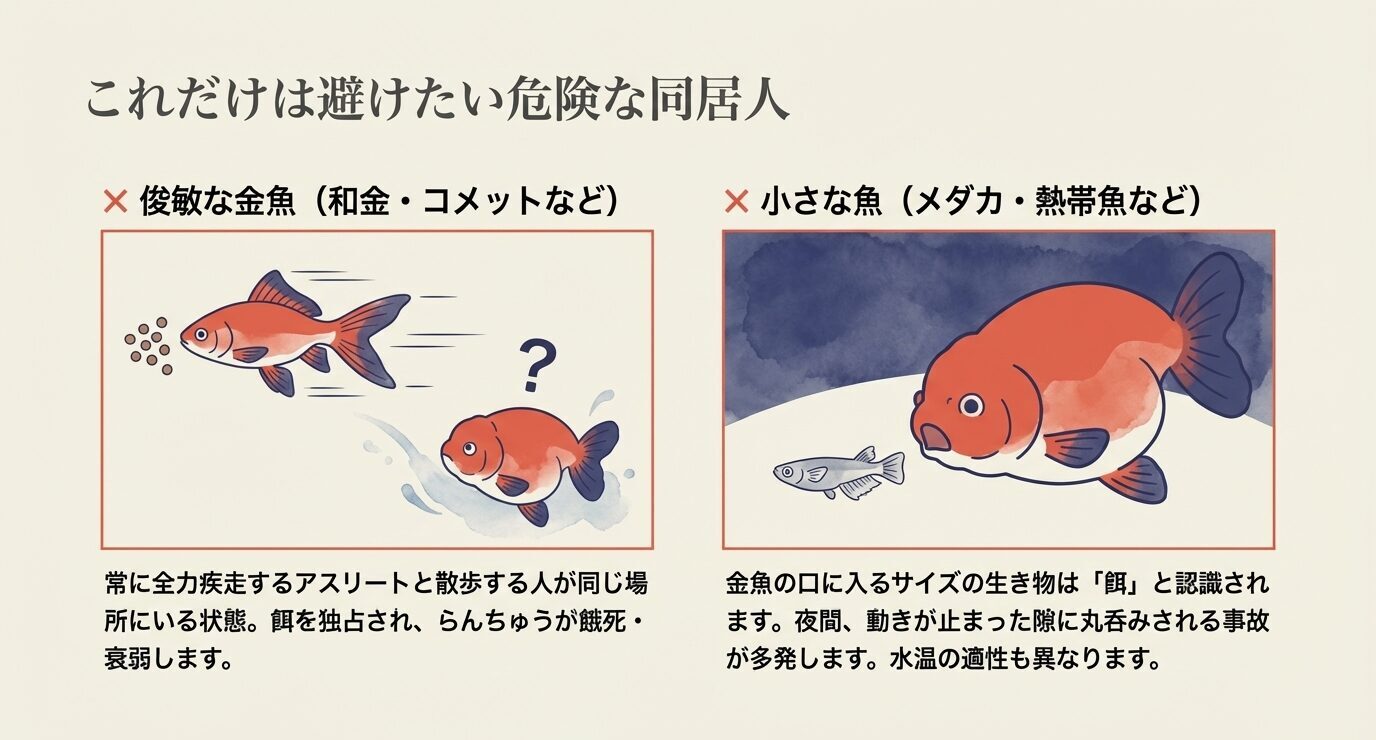 避けたい混泳相手を示す図。俊敏な和金・コメットと、小さなメダカ・熱帯魚はらんちゅうに不向きであることを説明している。