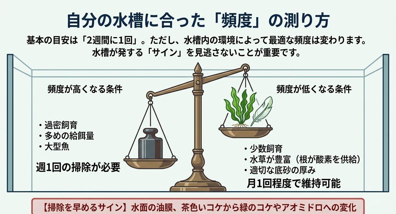 掃除頻度が高くなる条件と低くなる条件を天秤で比較し、油膜やコケの変化など早めの掃除サインも示した図。