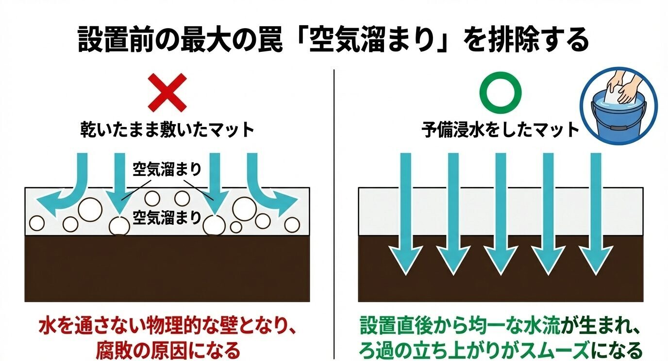 乾いたまま敷いたマットは空気溜まりで通水を妨げ、予備浸水したマットは均一な水流を作ってろ過の立ち上がりを安定させる比較図