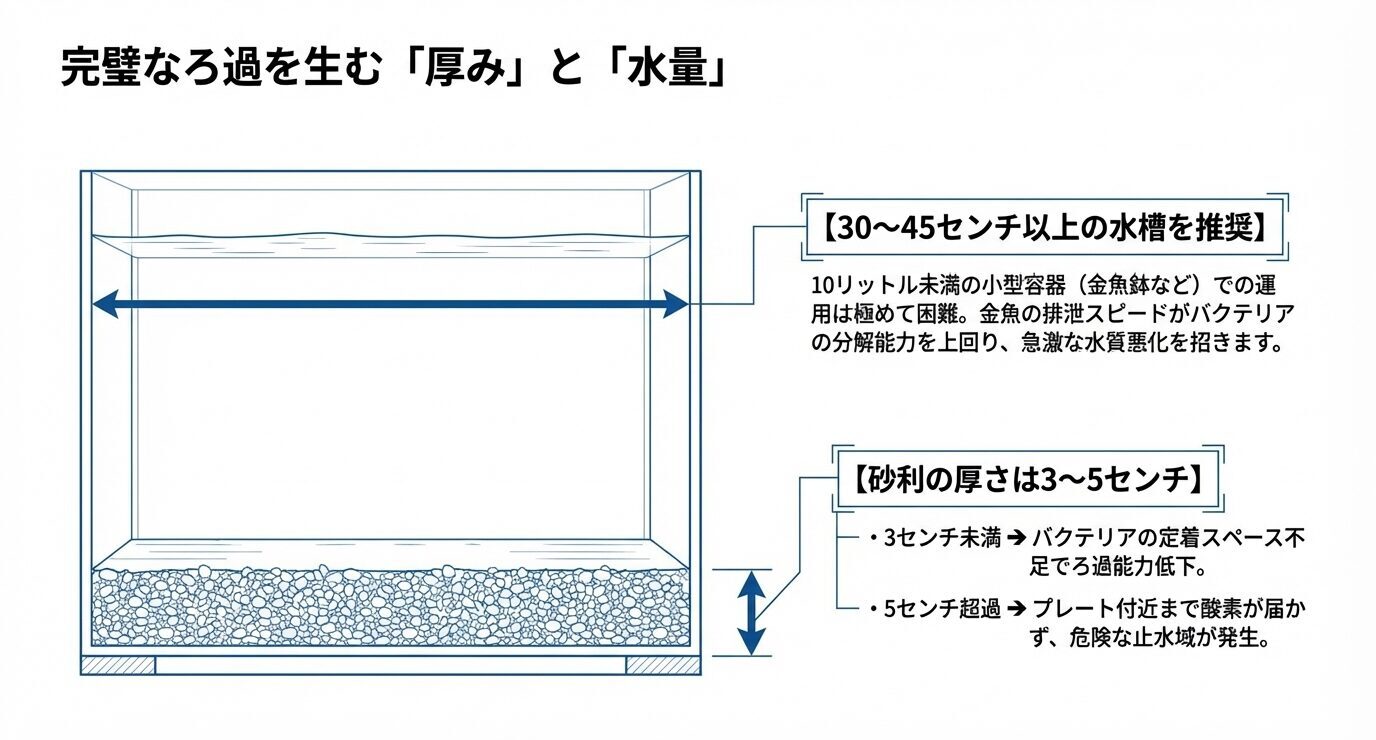底面フィルターでは砂利の厚さを3〜5cmに保ち、30〜45cm以上の水槽サイズを選ぶのが望ましいことを示した図。